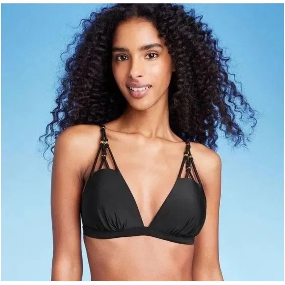 Shade & Shore Black Bead Detail Triangle Bikini Top, Large (12-14)